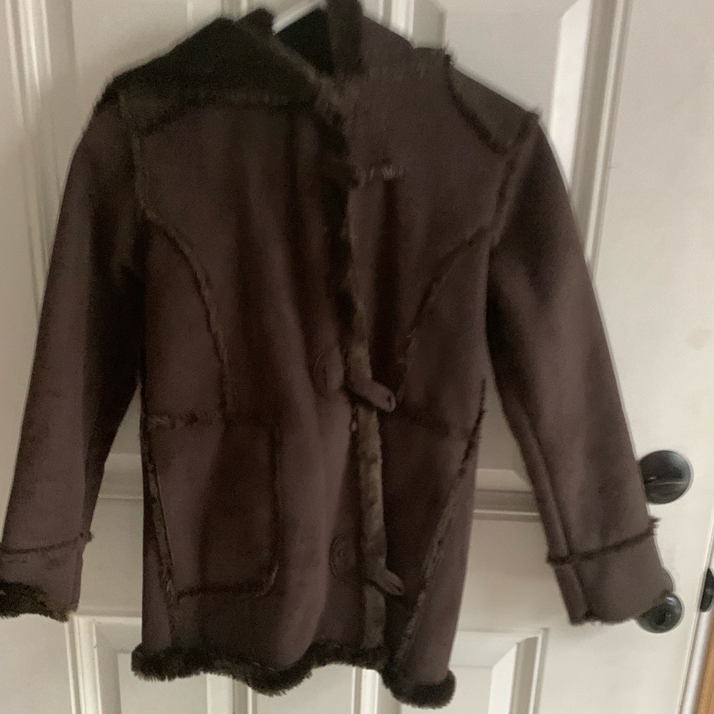 Brown suede jacket with a hood